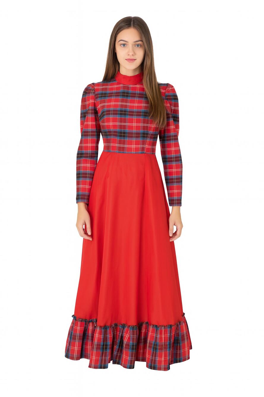 Vintage70s 80s Handmade Red Plaid Holiday HostessTaffeta Maxi Dress Victorian